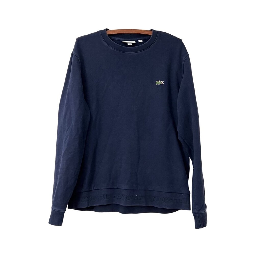 Lacoste Mens Navy Blue Spellout Hem Logo Crewneck Pullover Sweater Size Large